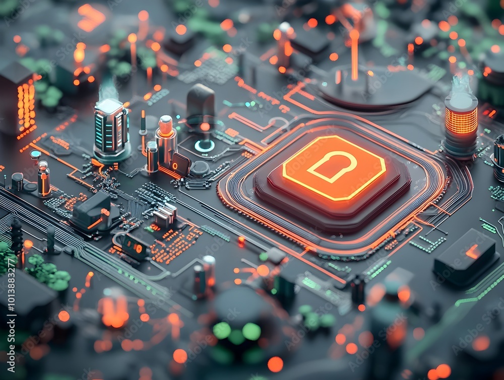 Poster cybersecurity landscape with 3d rendered map padlock symbol and holographic user interface abstract 