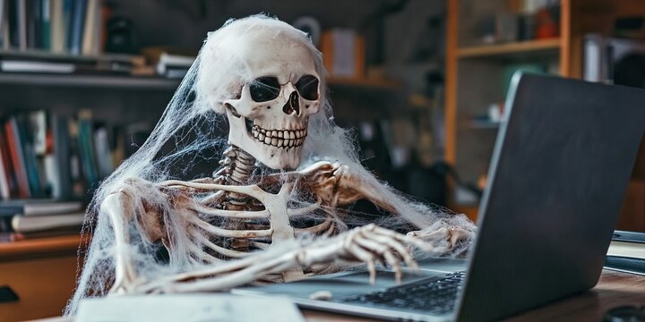 skeleton covered in cobwebs typing on laptop waiting for webpage to load