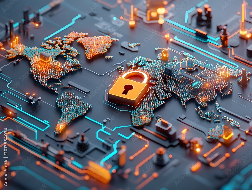 Poster cybersecurity landscape with padlock symbol on 3d rendered world map abstract digital network connec