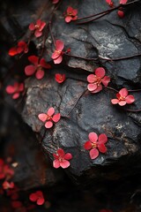 Red flowers blooming on dark rock, close up photography