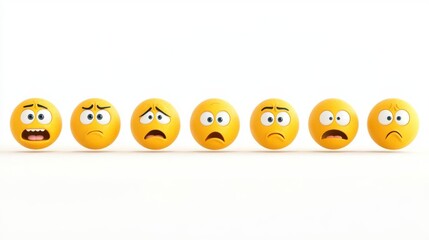 Naklejka premium A row of seven yellow emoticons displaying various emotions, ranging from fear to sadness, over a white background.