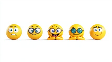 Obraz premium Five yellow emoticons expressing different emotions, including happiness and confusion, on a white background. Fun and playful mood.