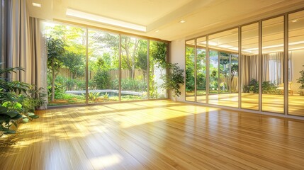 Obraz premium A bright and airy yoga studio with bamboo flooring, large mirrors, and a wall of windows overlooking a tranquil garden