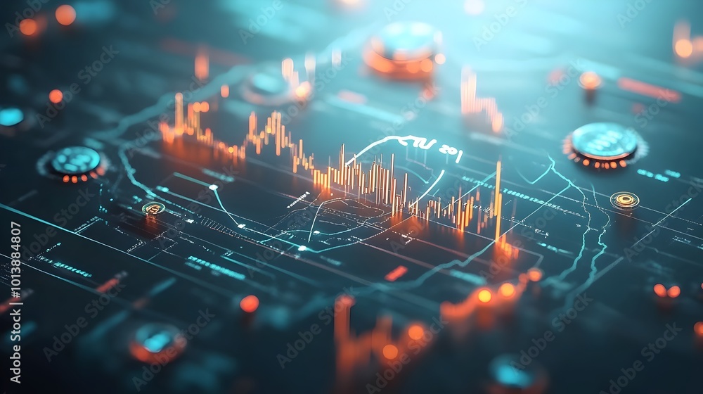 Poster extreme close up macro shot of a blue market investment chart meticulously analyzing data with candl