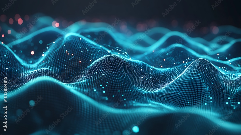 Poster Abstract blue and red digital wave background with glowing particles.