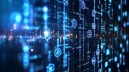 Abstract digital background with binary code and glowing icons.