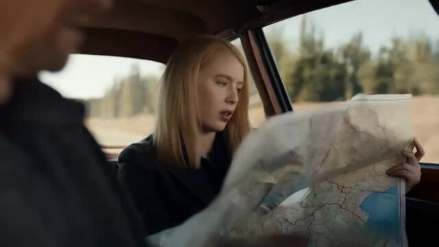 Young  woman looking city map sitting on car at street