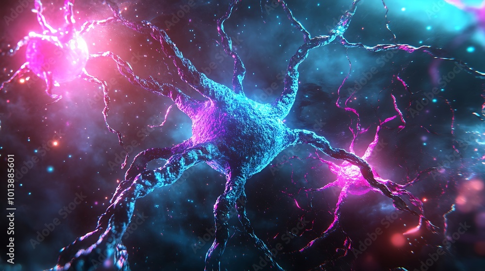 Aufkleber a close-up of a neuron, a nerve cell, with a colorful, abstract background. the neuron is highlighte