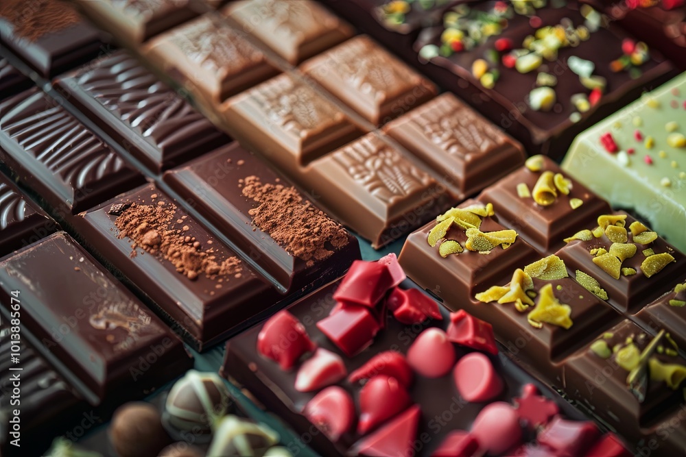 Poster Close up view of an assortment of various chocolate bars in different flavors and types, neatly arranged with rich colors and high detail. Generative AI