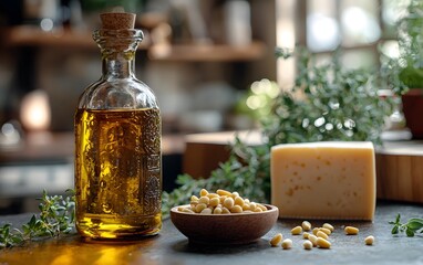 Rustic kitchen scene with olive oil, pine nuts, cheese, and fresh herbs