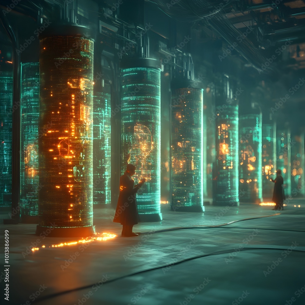 Poster futuristic sci fi data center with towering holographic data columns complex neural network visualiz