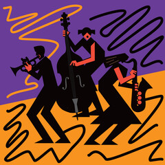 
Jazz Band, dixieland, Contrabass, saxophon, trumpet.
Expressive  Illustration of two women jazz musicians and man with trumpet. Black silhouettes. Vector available.	