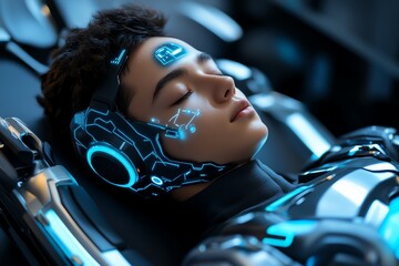 Lazy use of technology portrayed by a person reclining in a futuristic chair, using AI to avoid work