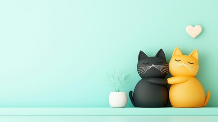 Cute black and yellow cat statues in an embracing pose against a pastel turquoise background with a heart decoration.