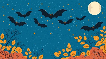 Illustration of bats flying under a full moon in a starry night sky, with autumn leaves and bare trees below.