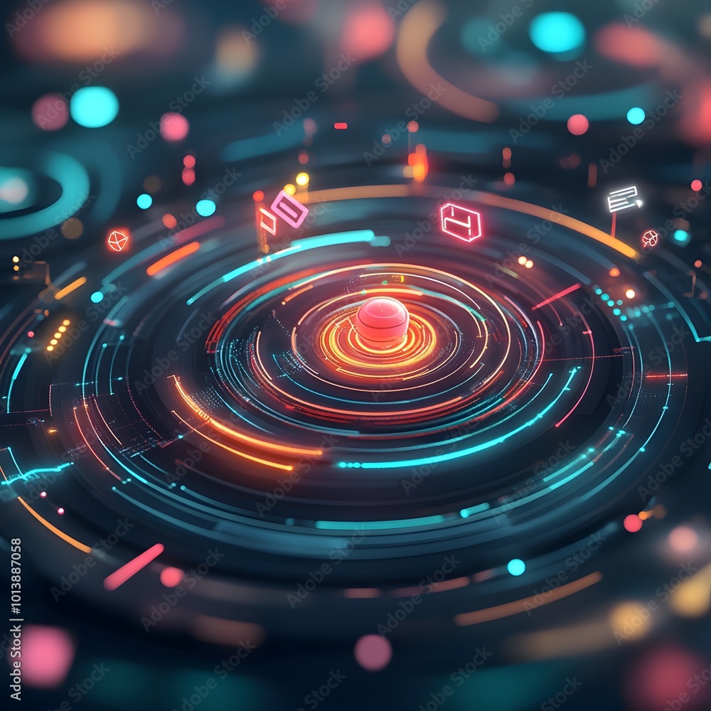 Poster captivating digital landscape with swirling holographic data flows angular neon shapes and abstract 