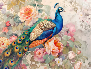 Beautiful Wallpaper with a Peacock Design, Ideal Colorful Bird Poster or Graphic Resource for Creative Project, Ai Generative