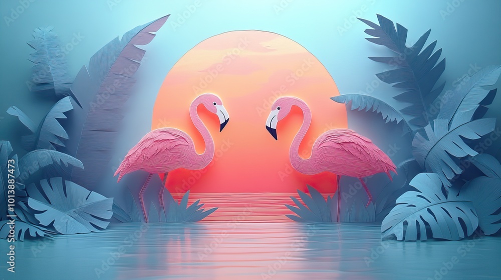 Poster Pink Flamingos in a Serene Habitat Flamingos in a Tranquil Environment