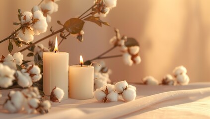 Candles and cotton flowers on table, copy space for text. Elegant composition...