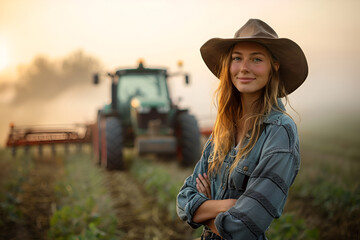 Young female farmer standing proudly in a field at sunrise with a tractor in the background, International Day of Rural Women