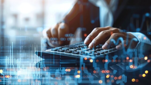 Businessperson Typing on Calculator with Futuristic Financial Graph, Data Analytics, Stock market business Digital financial chart and exchange financial growth graph, Finance Management