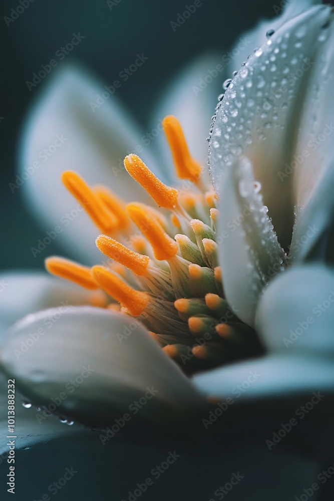 Poster Closeup of White Flower with Orange Stamens and Dew Drops