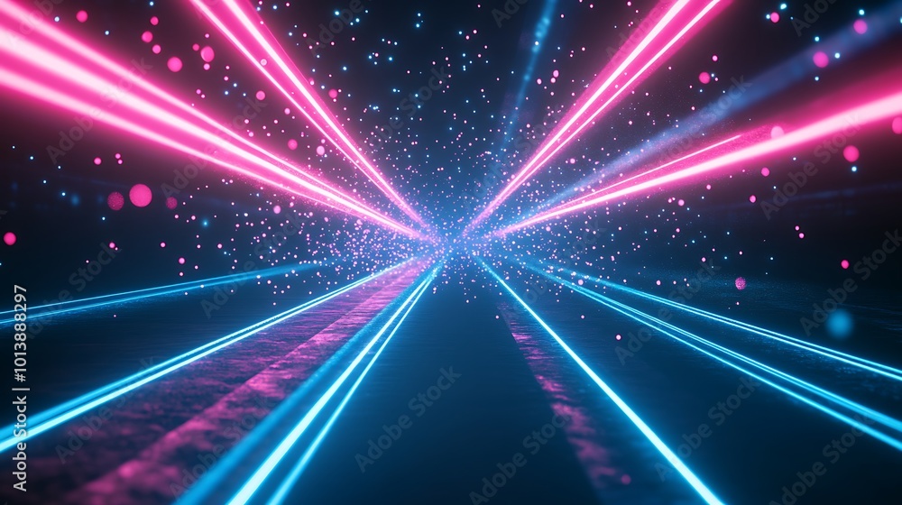 Poster Abstract glowing neon lines in a dark background with particles.