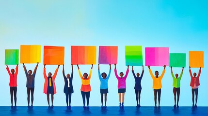 Diverse group of people holding colorful blank signs against blue sky, unity and creativity concept, panoramic view.