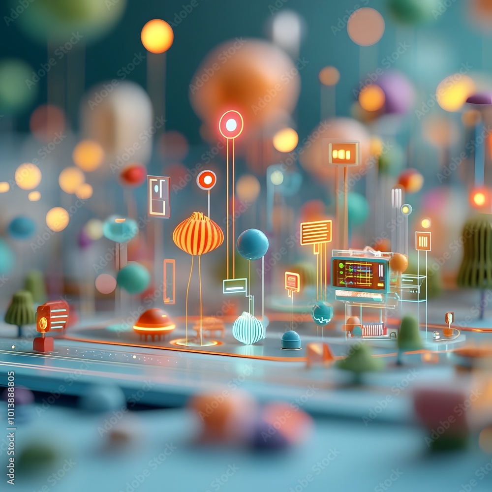 Poster colorful data particles dancing and flowing across a futuristic digital landscape with playful 3d ge