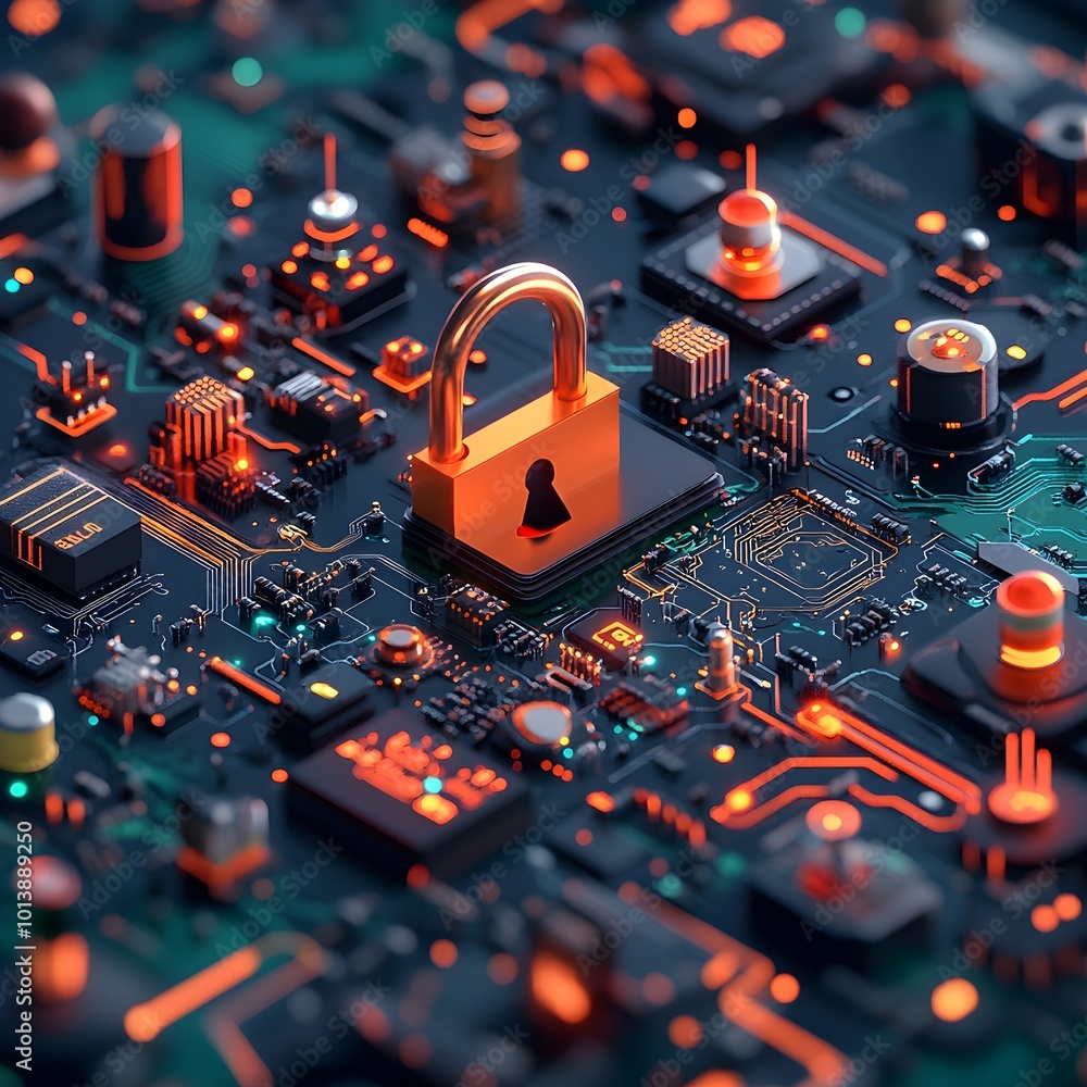 Poster secure digital realm with padlock on global map microchips and luminous data streams a technological