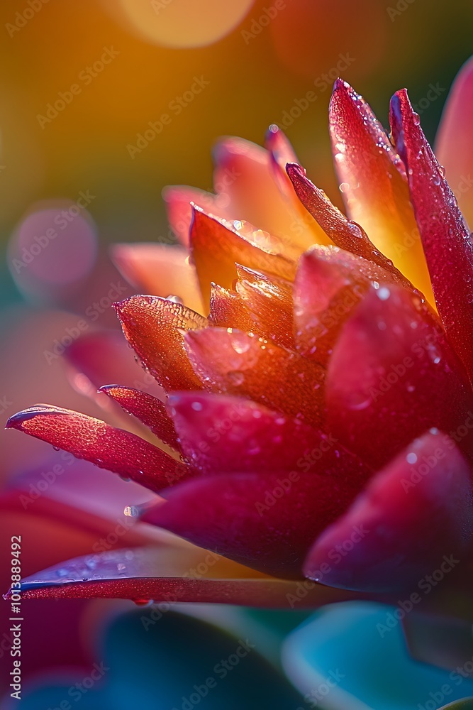 Wall mural Close up Macro Photography of a Pink Water Lily Flower with Dew Drops and Bokeh