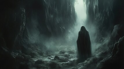 Fototapeta premium A cloaked figure stands in a dark, misty canyon, with a bright light shining through the opening ahead.