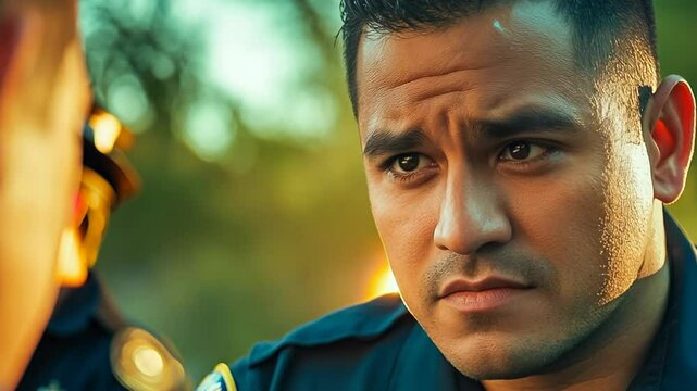 Young Hispanic male police officer, in uniform, engages in a serious conversation outdoors during daytime. The officer's focused expression highlights the gravity of the situation. Law enforcement,