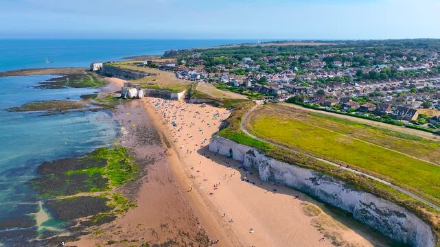 Aerial view of Kingsgate Bay, a sheltered sandy cove backed by high white chalk cliffs, Kent, England, UK