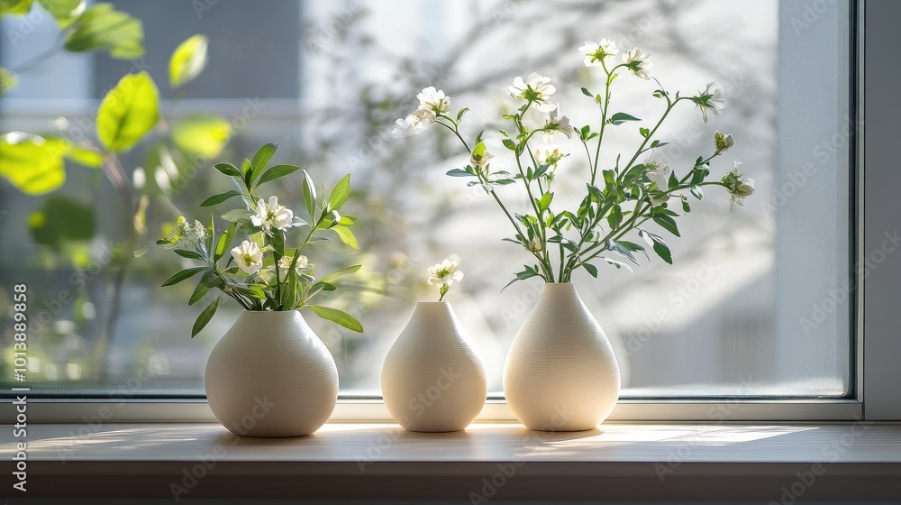 Poster sunlight softly illuminating minimalist flower vases on a balcony window, creating a calm and serene