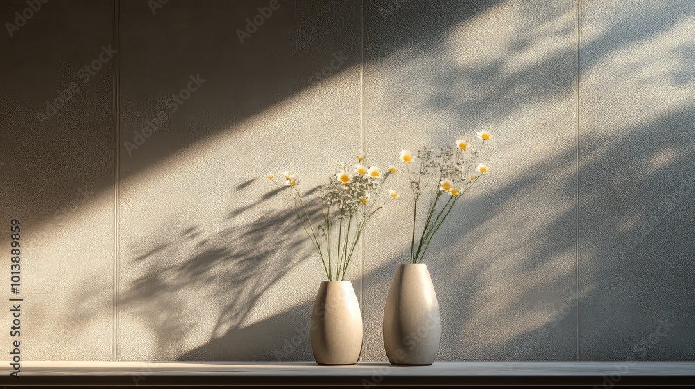 Poster sunlight softly illuminating minimalist flower vases on a balcony window, creating a calm and serene