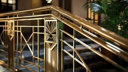A detail of an Art Deco inspired railing in a historic building, with polished brass and geometric designs