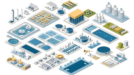 Comprehensive 3D Isometric of Water Purification Mega Set with Collection of Wastewater Cleaning Plant Elements