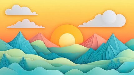 Morning view of misty hills illuminated by soft yellow sunlight and a cloudy sky featuring a serene sunrise over the mountains