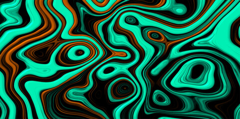 Abstract Fluidy Glass Textured Liquid Stylized Cartographic Terrain with Teal & Orange Contouring. 3D Cartographic Weave seamless striped patterns and wavy Shaped Wrinkled Foil Shimmer Background.