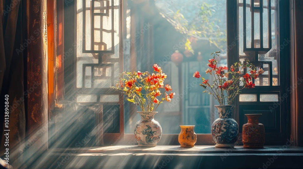 Poster sunlight softly illuminating a chinese balcony window with flower vases, creating a calm and serene 