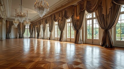 A grand ballroom with polished wooden floors, crystal chandeliers, and large French windows draped in luxurious fabrics