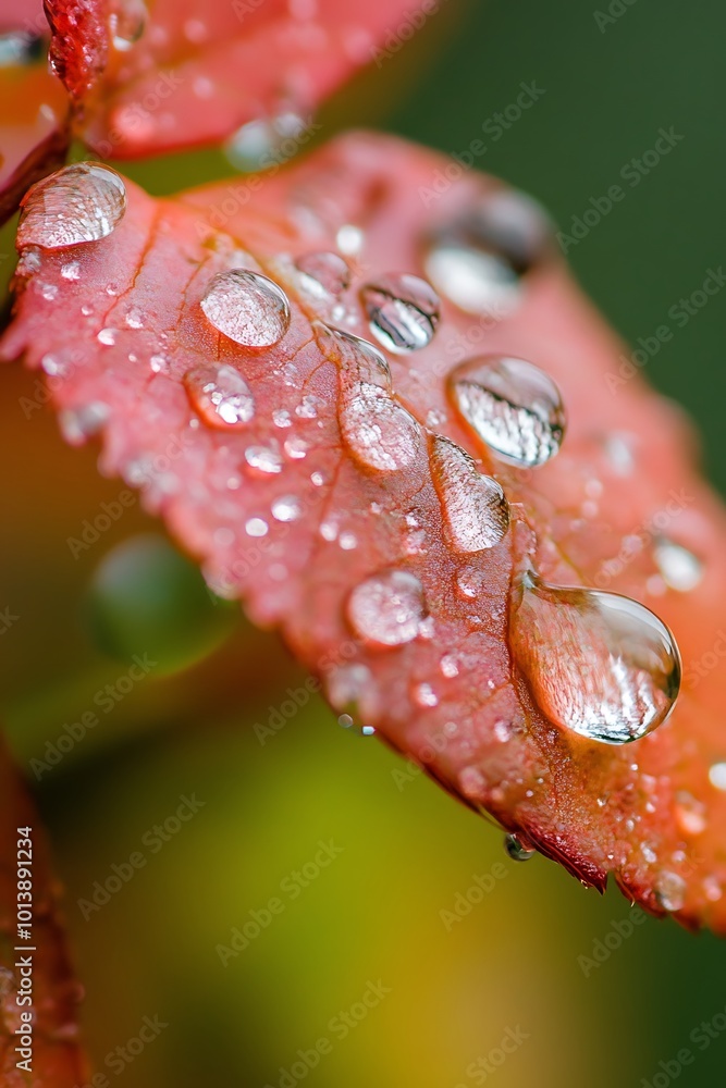 Canvas Prints Closeup of Dew Drops on Red Leaf with Green Background