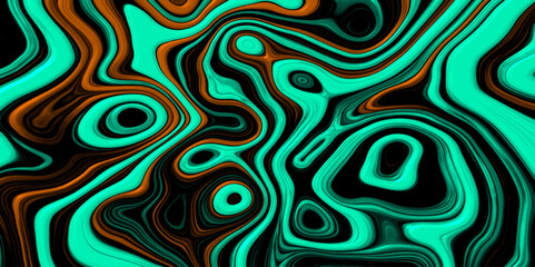Abstract Fluidy Glass Textured Liquid Stylized Cartographic Terrain with Teal & Orange Contouring. 3D Cartographic Weave seamless striped patterns and wavy Shaped Wrinkled Foil Shimmer Background.