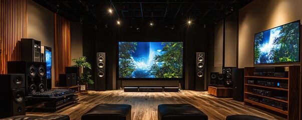 A high-end audiovisual experience store, featuring home theater setups, audiophile listening rooms, and the latest in visual technology for home entertainment