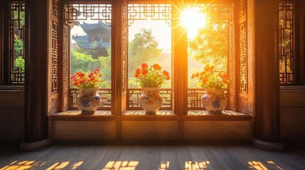 Fototapeta premium Traditional Chinese balcony window adorned with flower vases, with sunlight casting beautiful patterns through the intricate lattice.