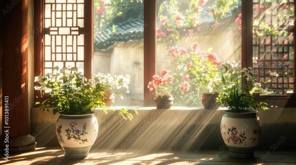 Poster sunlight softly illuminating a chinese balcony window with flower vases, creating a calm and serene 