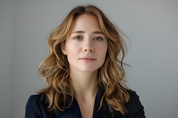 Obraz premium Confident and Stylish Young Woman in Chic Minimalist Outfit Posing for Professional Headshot