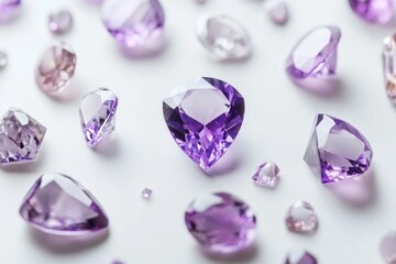 Purple amethyst gemstones scattered on a white background, representing luxury and opulence. The gems have various shapes, including diamonds and ovals with some reflecting light.