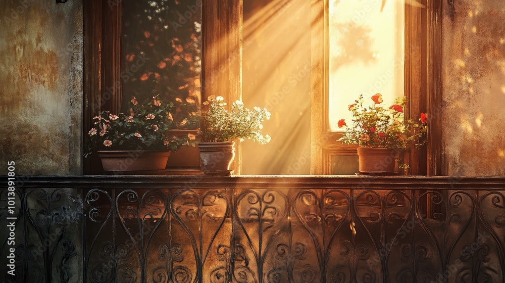 Poster vintage balcony window with flower vases, sunlight streaming through and casting intricate patterns 
